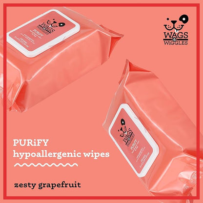 Wags & Wiggles Purify Hypoallergenic Dog Wipes for Sensitive Skin, Paw and Body Grooming Wipes with Gentle Plant Based Formula for Everyday Cleaning, Zesty Grapefruit Scent, 100 Count