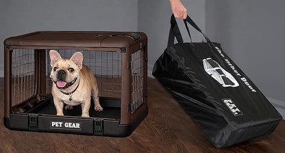 Pet Gear “The Other Door” 4 Door Steel Crate for Dogs/Cats with Garage-Style Door, Includes Plush Bed + Travel Bag, No Tools Required, Coffee Bean, 27 Inch