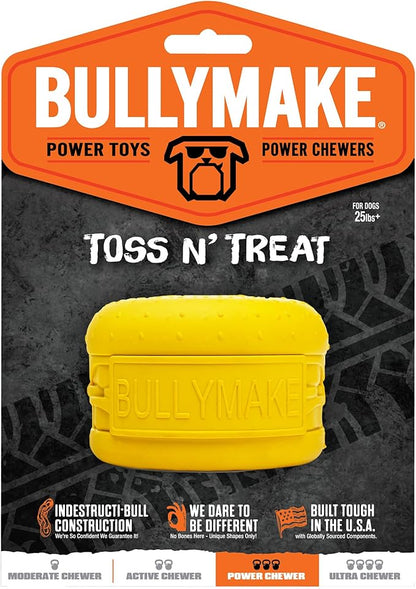 BULLYMAKE Yellow Toss N' Treat Cheeseburger Toy for Dogs, Durable Rubber Dog Toys for Aggressive Chewers, Dental Stimulating, Treat Dispensing, Boredom Busting, Pet Supplies, Made in USA