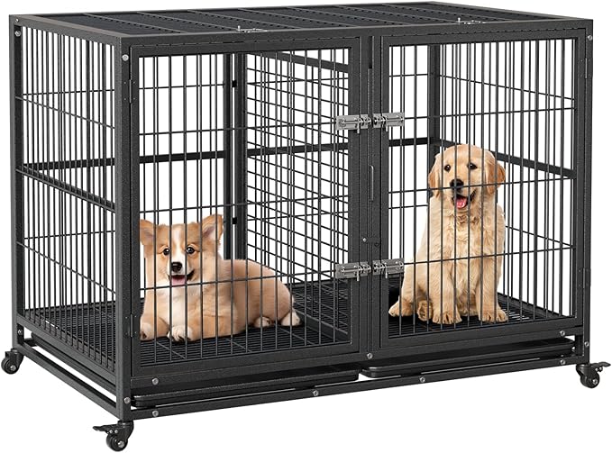 Heavy Duty Dog Crate, 48 Inches Large Metal Dog Kennel with Flexible Divider, 2 Door Pet Cage with Removable Tray and Wheels for Small Medium Large Pets
