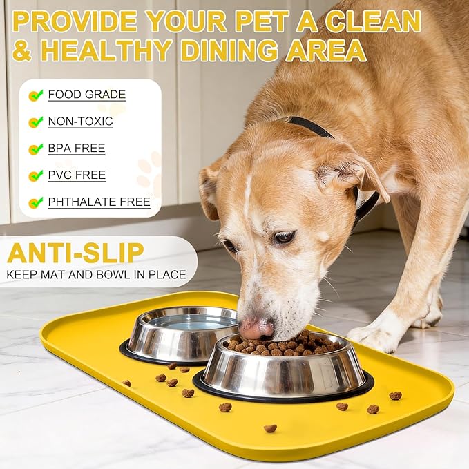 Smilool Silicone Pet Food Mat with Raised Edge for Food and Water Bowl, Dog Feeding Mats, Cat Food Trays for Floor Waterproof, Rubber Tray for Dogs and Cats, 22 x 14 x 0.8 Vivid Yellow