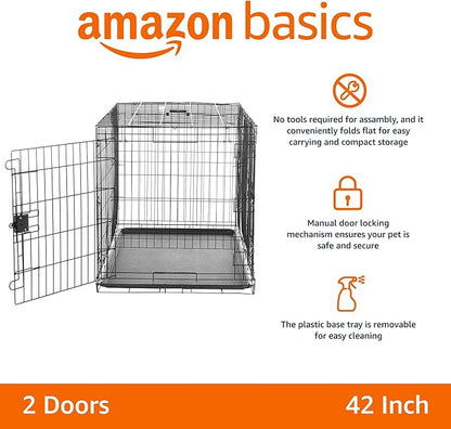Amazon Basics Portable, Collapsible Metal Wire Dog Crate with Removable Tray, Double Door, Easy to Assemble, Divider Panel for Large Dogs, 42" x 28" x 30", Black