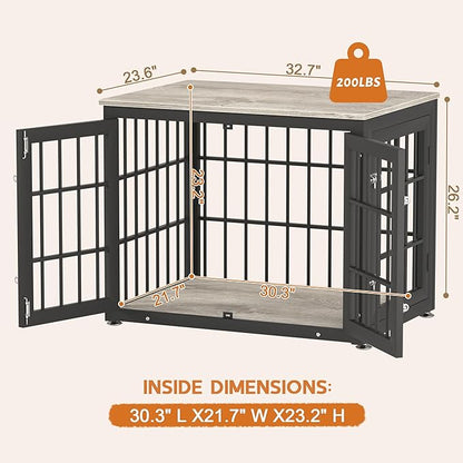rehomerance 32 Inch Heavy Duty Dog Crate Furniture for Medium and Small Dogs, Decorative Pet House End Table, Wooden Cage Kennel Furniture Indoor, Grey
