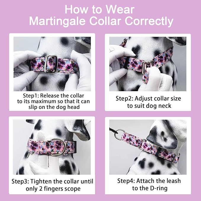 Reflective Martingale Collar for Dogs Nylon Training Collar with No Buckle Cute Floral No Pull Dog Collar for Large Dogs（Purple Flower，L）