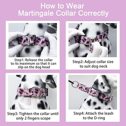 Reflective Martingale Collar for Dogs Nylon Training Collar with No Buckle Cute Floral No Pull Dog Collar for Medium Dogs（Purple Flower，M）