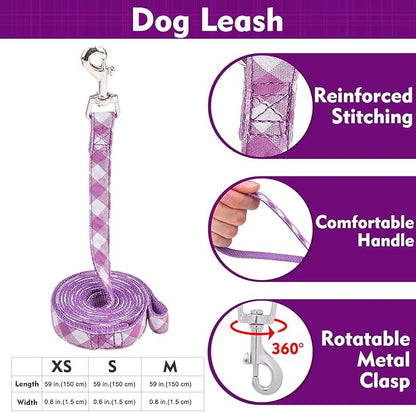 EXPAWLORER Cute Dog Harness Collar Leash Set - Purple Girl Dog Harness Checkered Step-in Design, Detachable Bow Pet Collar, Adjustable No-Choke Lightweight Mesh Vest for Cats Puppy Small Dogs, XS