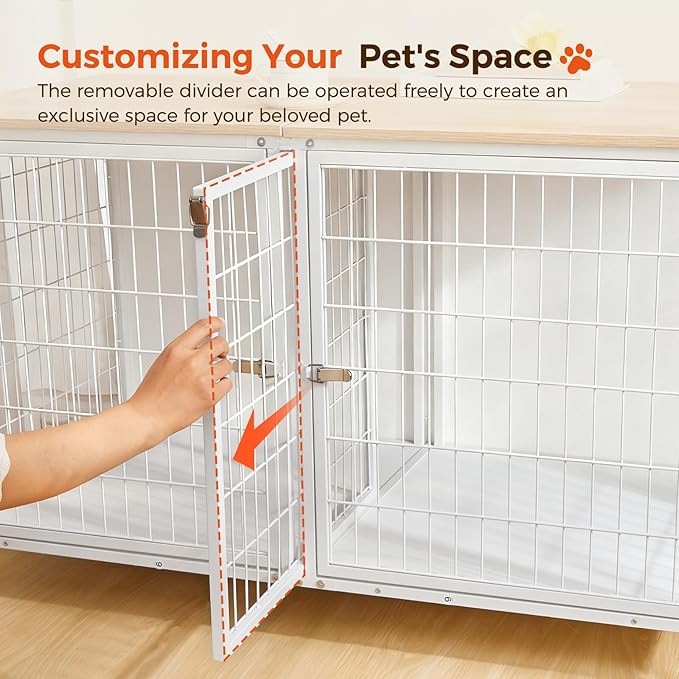 MAHANCRIS Dog Crate Furniture for 2 Dogs, 43.3" Dog Kennel with Removable Divider, Heavy Sturdy Dog Furniture Style Double Cage for Small Medium Dogs, Indoor Pet House End Table, Natural and White