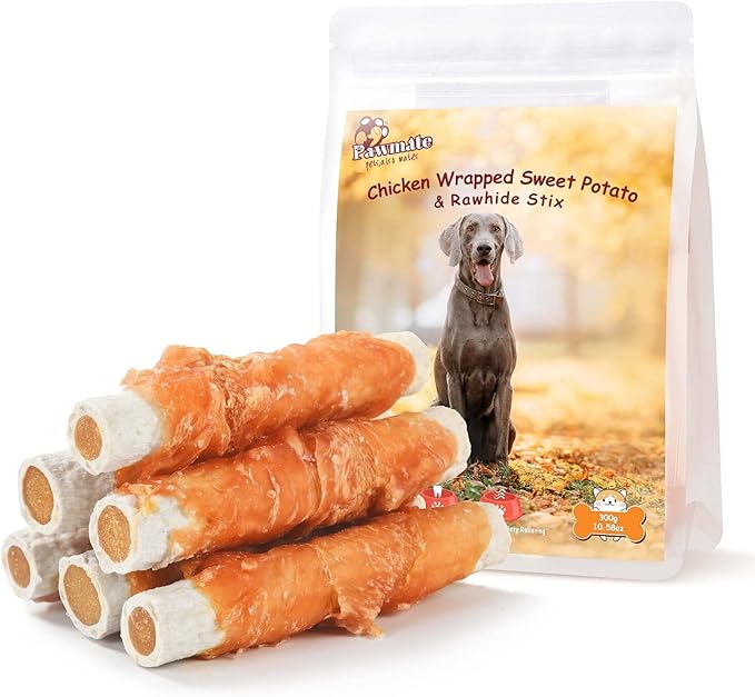 Pawmate Dog Treats Large Breed, Chicken Wrapped Rawhide Sticks with Sweet Potato Sandwich, Rawhide Dog Chews Training Rewards Snacks for Small Medium Large Dogs, 6-7 Counts, 10.6 oz