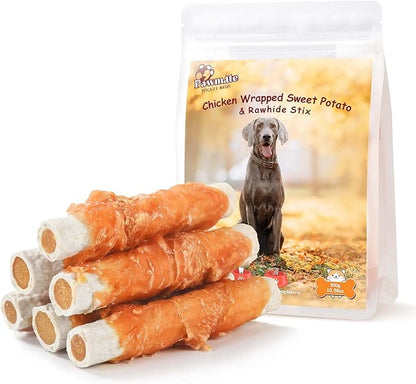 Pawmate Dog Treats Large Breed, Chicken Wrapped Rawhide Sticks with Sweet Potato Sandwich, Rawhide Dog Chews Training Rewards Snacks for Small Medium Large Dogs, 6-7 Counts, 10.6 oz
