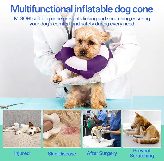 MIGOHI Soft Inflatable Dog Cone Collar,Adjustable Recovery Donut Collar for Dogs After Spay Surgery - Comfortable E-Collar for Small Dogs Puppies to Stop Licking Wounds (XS,Purple)
