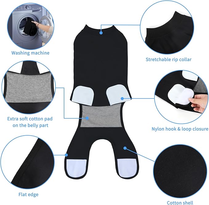 2 Packs Breathable Cotton Dog Recovery Suit for After Neuter Spay Abdominal Wounds Protector, Professional Anti-Licking Onesies for Male Female Pets Surgery Bandages, S Black Grey Pure