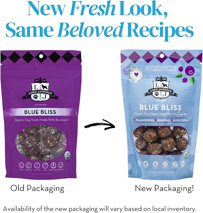 Lord Jameson: Blue Bliss 6 oz - Dog Patisserie Treats, Organic, Soft & Chewy No-Bake, Blueberry Antioxidant Rich Bites, Gluten & Preservative Free