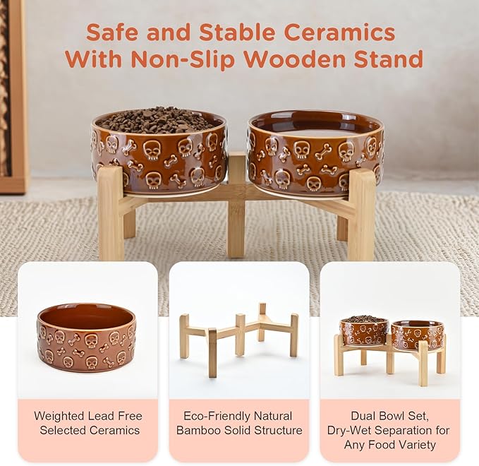 SPUNKYJUNKY Elevated Dog Bowls Ceramic, 6.1'' Dogs and Cat Food Water Bowls Raised with Non-Slip Bamboo Stand for Medium Sized Breed Microwave Dishwasher Safe - 28.7 OZ,Skull Bronze