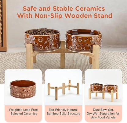 SPUNKYJUNKY Elevated Dog Bowls Ceramic, 6.1'' Dogs and Cat Food Water Bowls Raised with Non-Slip Bamboo Stand for Medium Sized Breed Microwave Dishwasher Safe - 28.7 OZ,Skull Bronze