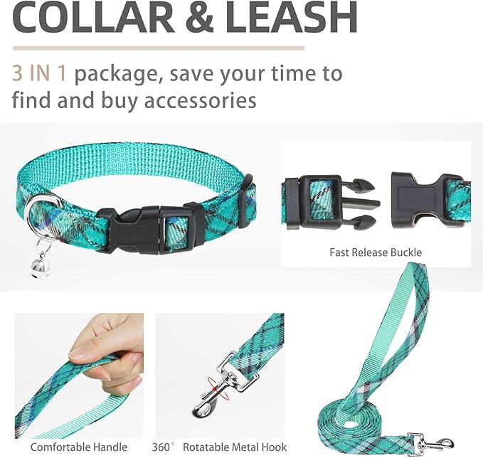 PUPTECK Adjustable Dog Harness Collar and Leash Set Step in No Pull Pet Harness for Small Medium Dogs Puppy and Cats Outdoor Walking Running, Soft Mesh Padded Reflective Vest Harnesses, Lake Green XS