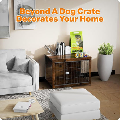 Dog Crate Furniture, Wooden Dog Crate 26in, Decorative Cage with End Table for Dog Indoor Kennel, High Anxiety Dog, Escape-Proof Locks for All Breeds