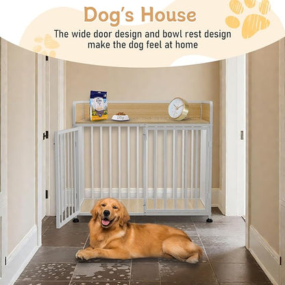 42 in Dog Crate Furniture, Medium Dog Kennel Indoor with 2 Bowls, Wooden Dog Cage Table Decorative for Small Medium Dog, 42" L X 24" W X 36" H