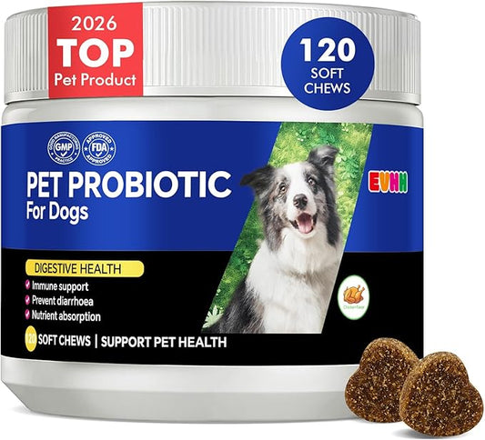Probiotics for Dogs with Digestive Enzymes & Prebiotics - Diarrhoea Relief, Gut Health Support, Immune & Anti-Itch Function, Chicken Flavor, 120 Chews