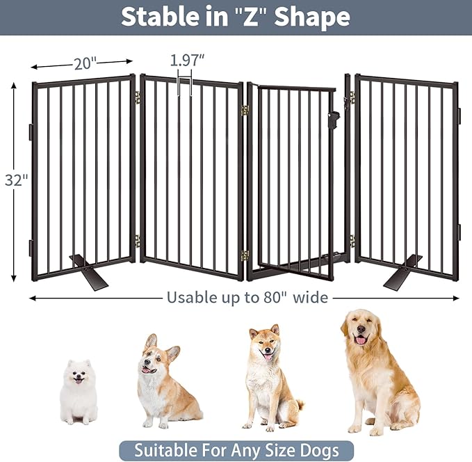 Metal Freestanding Dog Gates with Door for Outdoor Indoor,80'' Extra Wide 32'' Tall Free Standing Dog Gate for Doorways,Large Openings,Deck,Yard,Foldable Safety Pet Fence(Black,4 Panels)