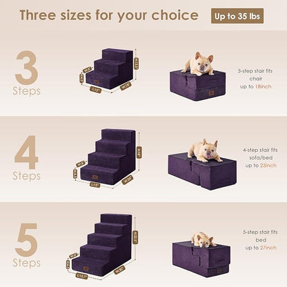 EHEYCIGA Dog Stairs for Small Dogs 13.5" H, 3-Step Dog Steps for Couch Sofa and Chair, Pet Steps for Medium Cats, Non-Slip Balanced Pet Ramp Indoor, Purple