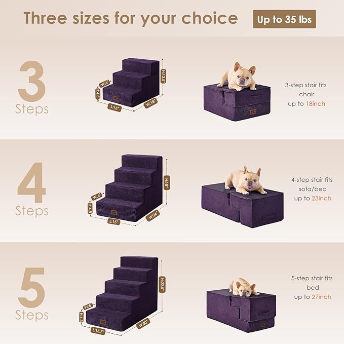 EHEYCIGA Dog Stairs for Bed 18" H, 4-Step Dog Steps for High Bed, Pet Steps for Small Dogs and Cats, Non-Slip Balanced Pet Ramp Indoor, Purple