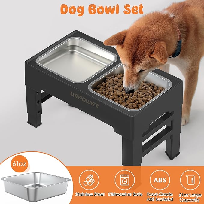 URPOWER Raised Dog Bowls 4 Height Adjustable Elevated Bowl Stand with Stainless Steel Water Bowl Non-Slip Dog Food Bowls Stand for Small Medium Large Dogs and Pets