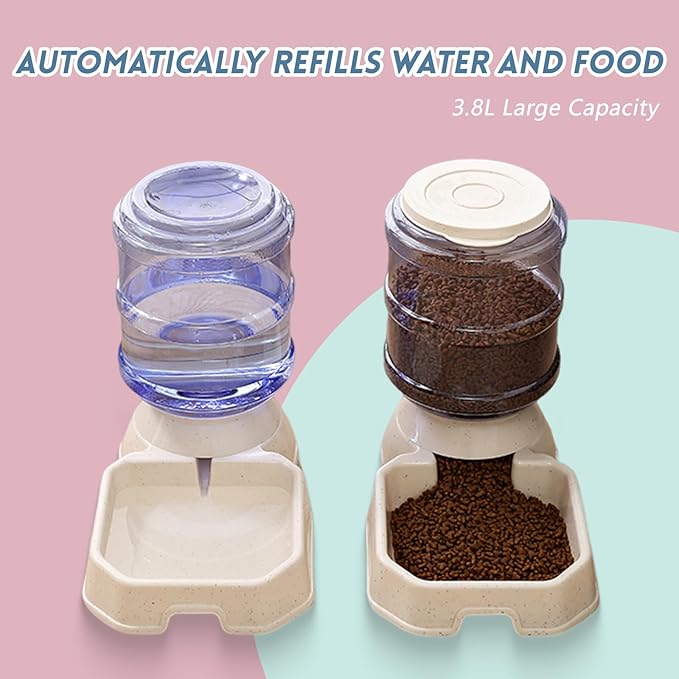 Automatic Pet Feeder & Waterer Set of 2 Pack, Self Feeding Replenish Dog Cat Bowls, Gravity Food & Water Storage Container Fountain Jug Pet Supplies Plastic Skid Proof Rubber Feet (White)