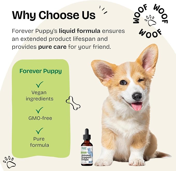 Forever Puppy Adrenal Support Drops for Dogs - Pure Ashwagandha & Ginseng Root Tincture for Adrenal Health & Energy Support - Calming Care Liquid Supplement for Dogs of All Breeds & Sizes - 2 oz