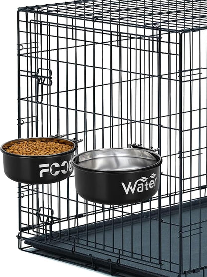 Crate Water Bowl No Spill for Large Dogs, Removable Stainless Steel Dog Bowls for Food and Water, Dog Kennel Hanging Wet and Dry Food Feeder for Medium/Large Pets, (7.1"x2.6" & 6.3"*2.6", Black)
