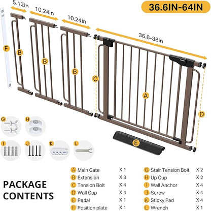 Cumbor 36.6-64" Extra Wide Baby Gate for Stairs, Dog Gates for Doorways, Auto-Close Pet Gate Indoor, Pressure Mounted Walk Through Safety Child Gate for Kids Toddler, Tall Pet Puppy Fence Gate, Brown