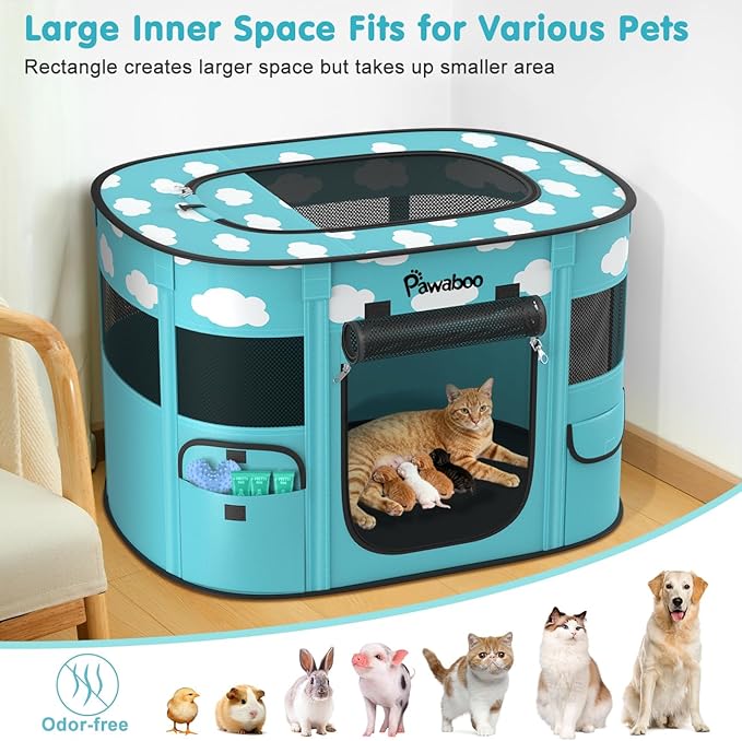 Dog Playpen, Portable Pet Cat PlayPen, 600D Oxford Dog Kennel Tent Crate, Waterproof&Breathable, Indoor Outdoor Travel Camping for Medium/Large Breed with Carrying Case+Bowl(M), Blue + White Clouds