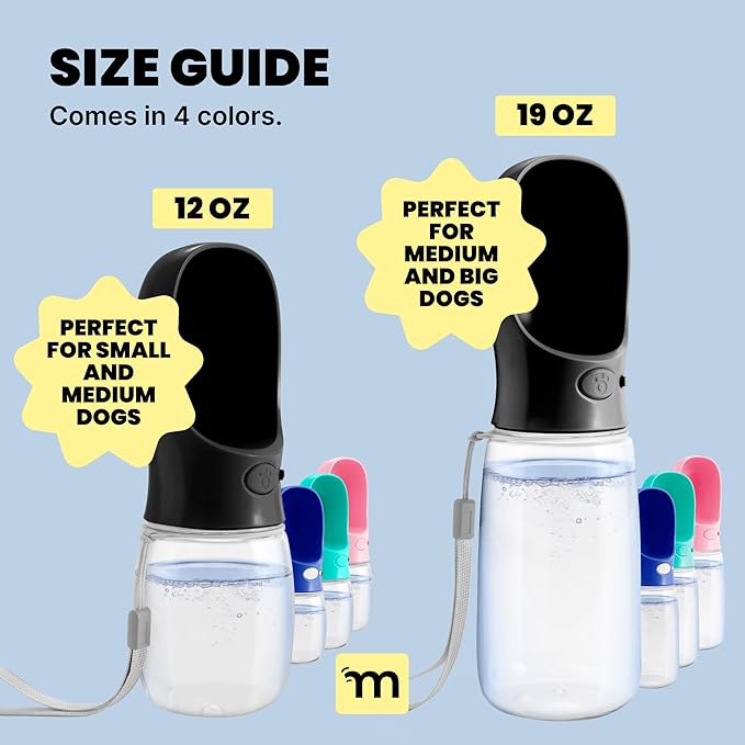 MalsiPree Dog Water Bottle Dispenser - 12 oz Black - Leak-Proof Lock & One-Hand Operation - On the Go Dog Water Dispenser - Pet Travel Bottle with Built-in Bowl, Travel & Hiking Ready