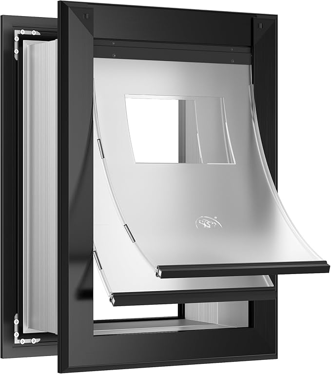 Extra Large Dog Door for Wall, Heavy Duty Dog Door with Aluminum Frame and Telescoping Tunnel, Two Magnetic Flaps and Two Sliding Lock Panels, Up to 220lbs, Black.