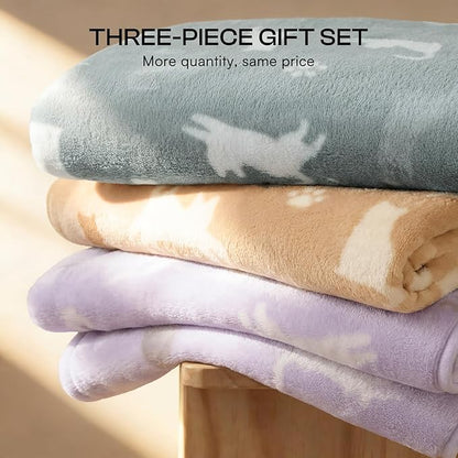 Luciphia 1 Pack 3 Cat Printed Fleece Pet Blankets Washable，Soft Warm Throw Covers for Crate Couch Bed，Cozy Puppy Essentials for Dogs and Cats，Purple/Grey/Khaki, Medium (30x20)