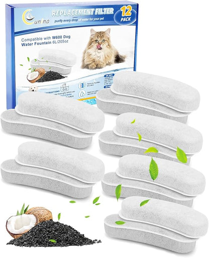 12 Pack Dog Water Fountain Filters Replacement Compatible with W600 Automatic Water Bowl Dispenser, Pet Fountain Charcoal Filters Fit for 205oz/6L Dog Fountain Bowl for Large Dogs