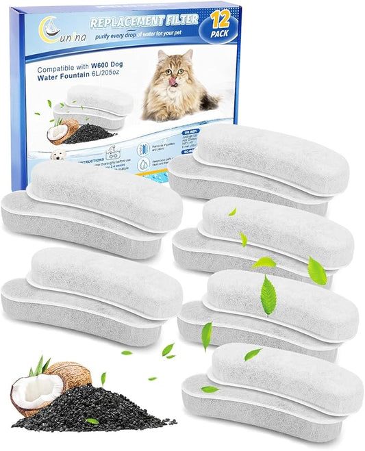 12 Pack Dog Water Fountain Filters Replacement Compatible with W600 Automatic Water Bowl Dispenser, Pet Fountain Charcoal Filters Fit for 205oz/6L Dog Fountain Bowl for Large Dogs