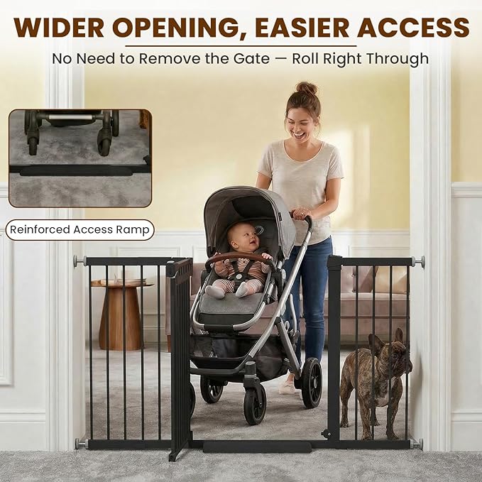Mumeasy 29.7-57" Extra Wide Baby Gate for Doorways, Auto Close Dog Gate Indoor for Stairs, No-Drill Pressure Mounted Pet Gate with Door, Easy Walk Thru Long&Large Safety Gate for House, Outdoor, Black