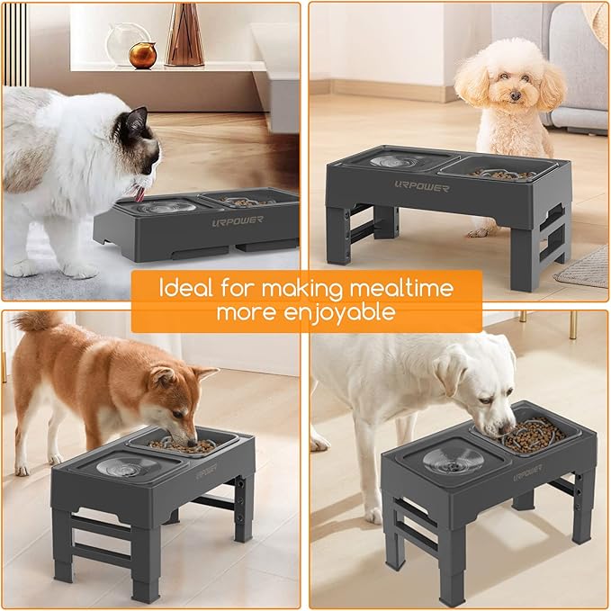 URPOWER 2-in-1 Elevated Slow Feeder Dog Bowls with No-Spill Water Bowl, 4 Height-Adjustable Raised Dog Bowls, Non-Slip Food and Water Bowls with Stand for Small, Medium, Large Dogs, Cats and Pets