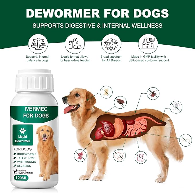 lvermect Dewormer Liquid for Dogs, Broad Spectrum for All Wormer, Hookworms, Lung Worms, Pin Worms, Round Worms