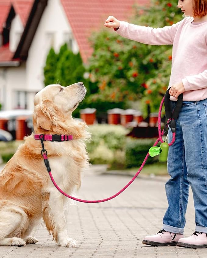 Dynmeow Reflective Dog Collar and Leash Set, 6FT Strong Climbing Rope Leash with Padded Handle, Adjustable Pet Collar with Soft Neoprene Padding for Large Dogs, Hot-Pink, L