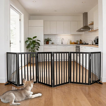 ZJSF Freestanding Indoor Dog Gate for House Foldable Wood Puppy Gate for Doorways Pet Gate for Stairs Extra Wide Pet Fence, Black, 32" Height 6 Panels