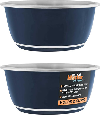 Master Pet Supply Stainless Steel Dog Bowls Set of 2 (16 Oz Each) with Non-Slip Rubber Base - Navy Blue - Basic Dog Food Bowl Water & Food Bowls for Small Medium Large Dogs & Cats, Metal Dish