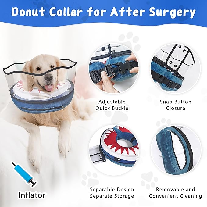 Inflatable Dog Cone Collar Soft Dog Cone Alternative After Surgery to Stop Licking for Large Medium Dogs Recovery Donut Cone Adjustable Neck Collar with Enhanced Anti-Licking Guard Shield,Shark Blue,M