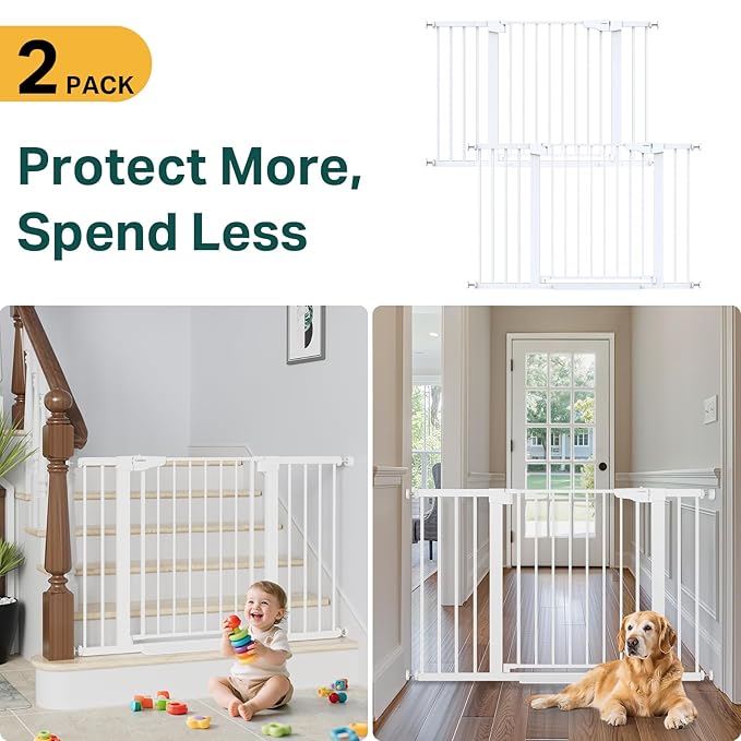Cumbor 48" Auto Close Baby Gate & Cumbor 2 Pack 48" Dog Gate, Durable Child Gate for Stairs, Doorways, Easy Walk Thru Dog Gate for House for Doorways