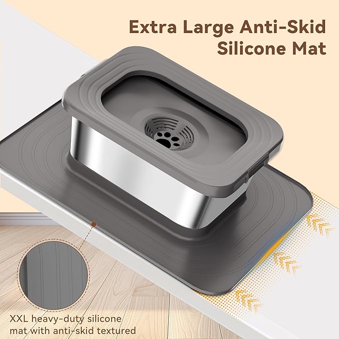 10L No Spill Dog Water Bowl, 2.6 Gal Stainless Steel No Splash Large Dog Water Bowl with Non-Slip Silicone Mat, Spill Proof Slow Drinking Pet Bowls for Messy Drinkers Indoor/Outdoor Use Gray