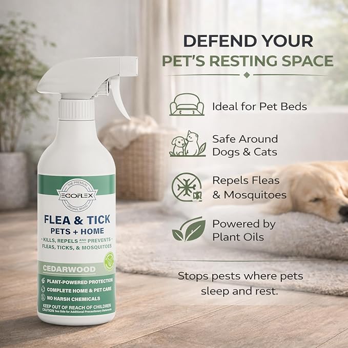 Flea Spray for Home & Pets - Flea and Tick Prevention for Dogs - Plant Based Repellent with Natural Essential Oils for Dog Flea Treatment Protection - Cedarwood Scent - 16 Fl Oz