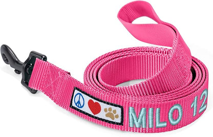 Pawtitas Personalized 6 ft Pink Dog Leash M/L Custom Name and Phone Embroidery Strong Nylon Leash for Medium and Large Breeds