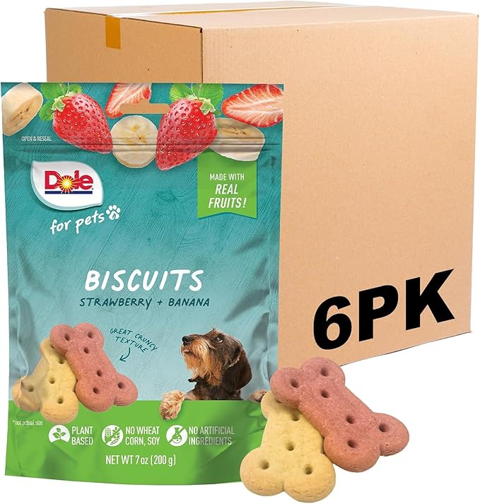 Dole for Pets Dog Biscuits Assorted Banana + Strawberry Mix, Real Fruit Flavor Vegan Crunchy Treats, No Wheat Corn Soy or Artificial Additives, Bite Size Training Snacks for Dogs, 7 Oz - 6 Pack