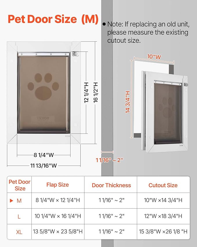 VEVOR 2-Flaps Dog Door, with Aluminum Frame, Metal Closing Panel and Lock, Strong and Weatherproof Dog Door for Interior and Exterior Doors, Easy in-and-Out Access for Doggies (White-Medium)