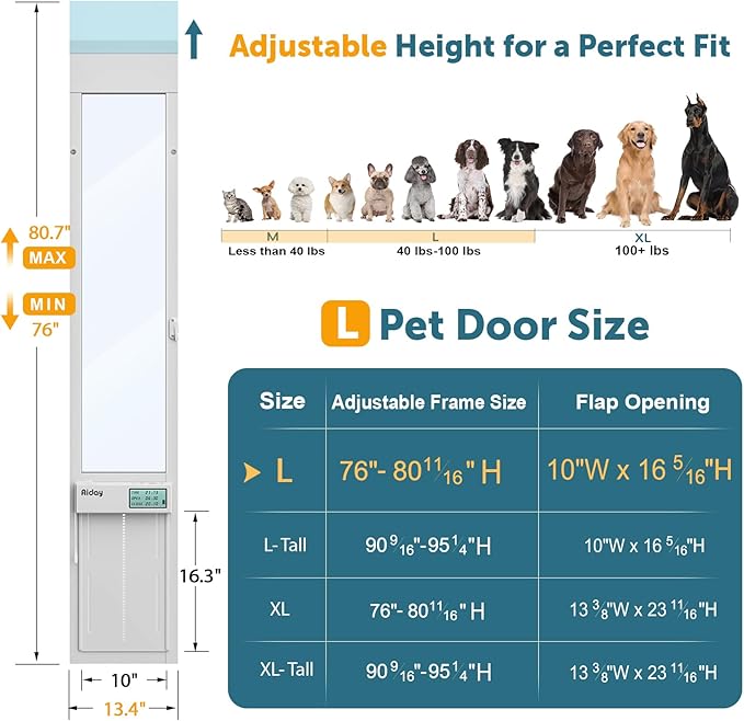 Automatic Sliding Glass Dog Door with Collar Sensor,Large Electric Doggy Door for Sliding Glass Door, Adjustable 76" to 80-11/16" Slider Height,Custom Scheduling & Anti-Pinch,Fit Dog Up to 100 Lbs (L)